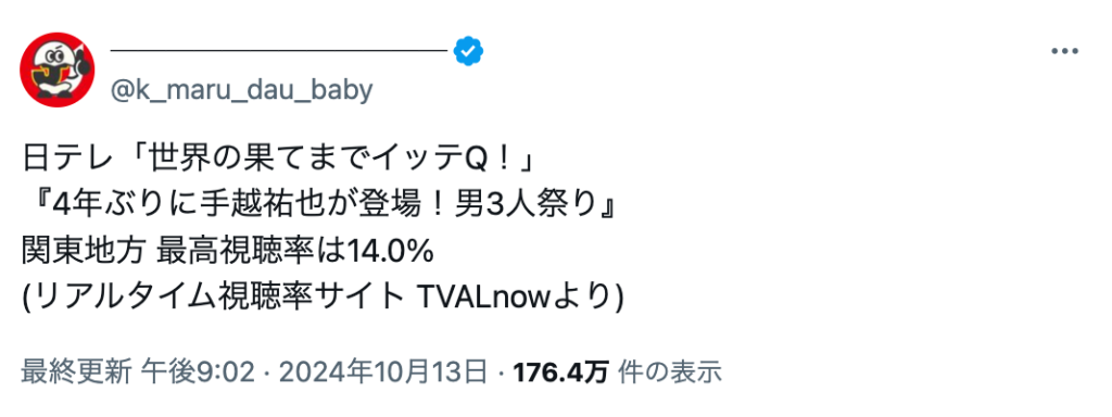 手越祐也　イッテQ　視聴率